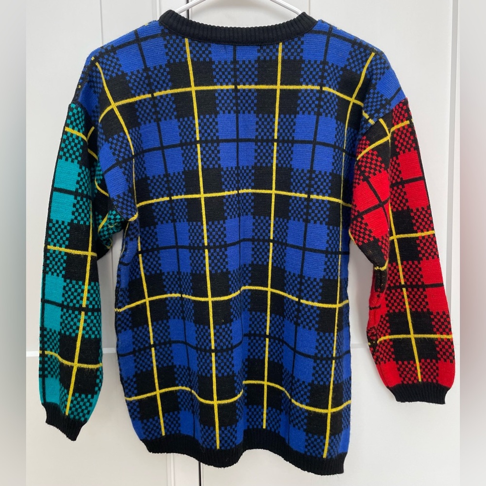 Vintage Toi small crewneck sweater colorblock plaid 80’s retro oversized - Picture 5 of 8